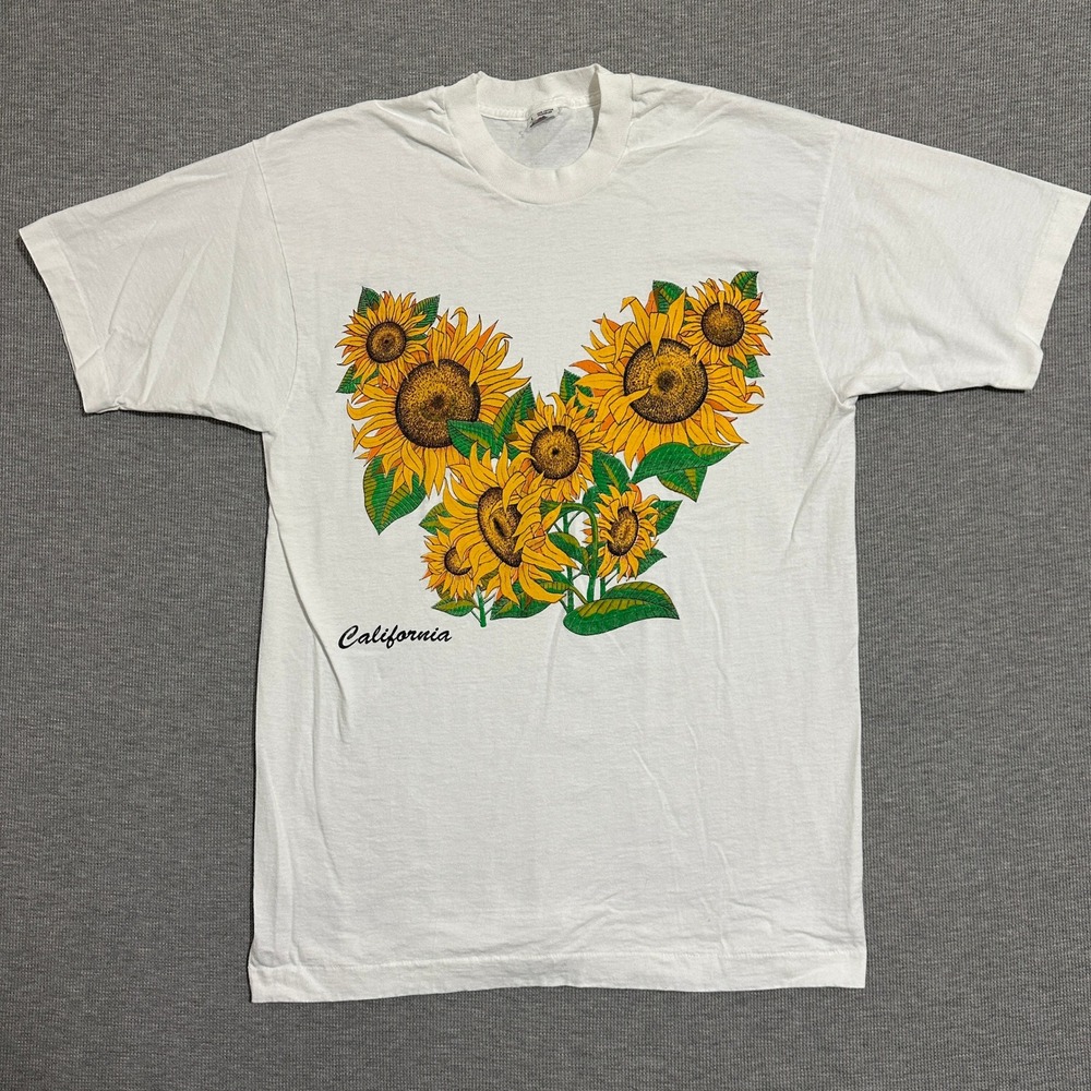 Vintage 90s Fruit of the Loom California Sunflower Graphic T-Shirt White Mens L